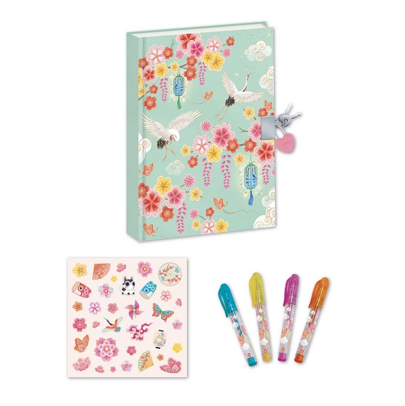 Diario segreto in stile giapponese per bambini con 4 penne gel glitter e adesivi
